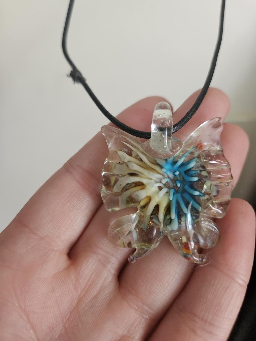 Handmade Glass Butterfly Pendant Necklace - Blue & White